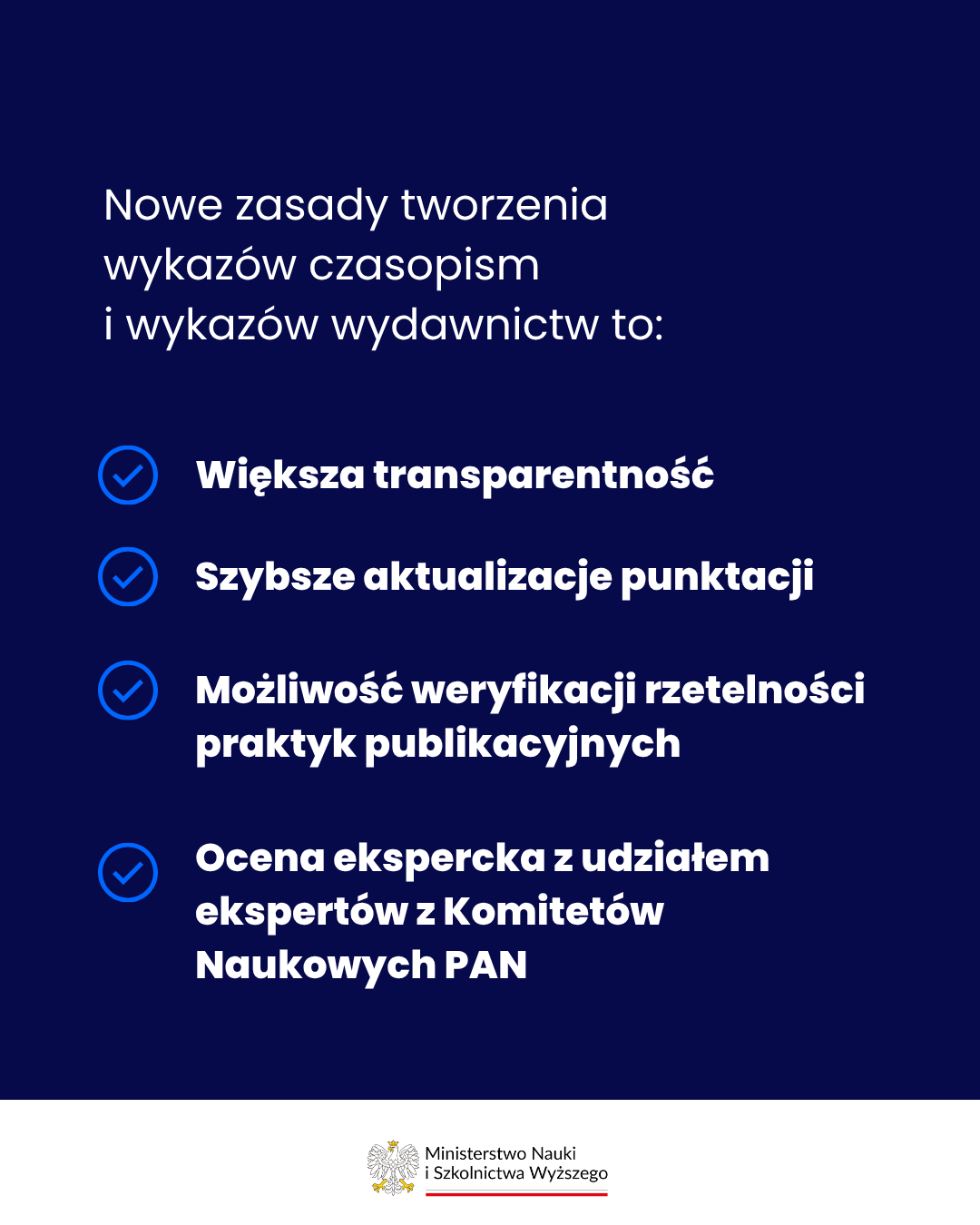 Infografika - napis Nowe zasady tworzenia wykazów czasopism i wydawnictw to: większa transparentność, brak formalnych odwołań po publikacji wykazu, nowe narzędzie w systemie PBN, szybsze aktualizacje punktacji.