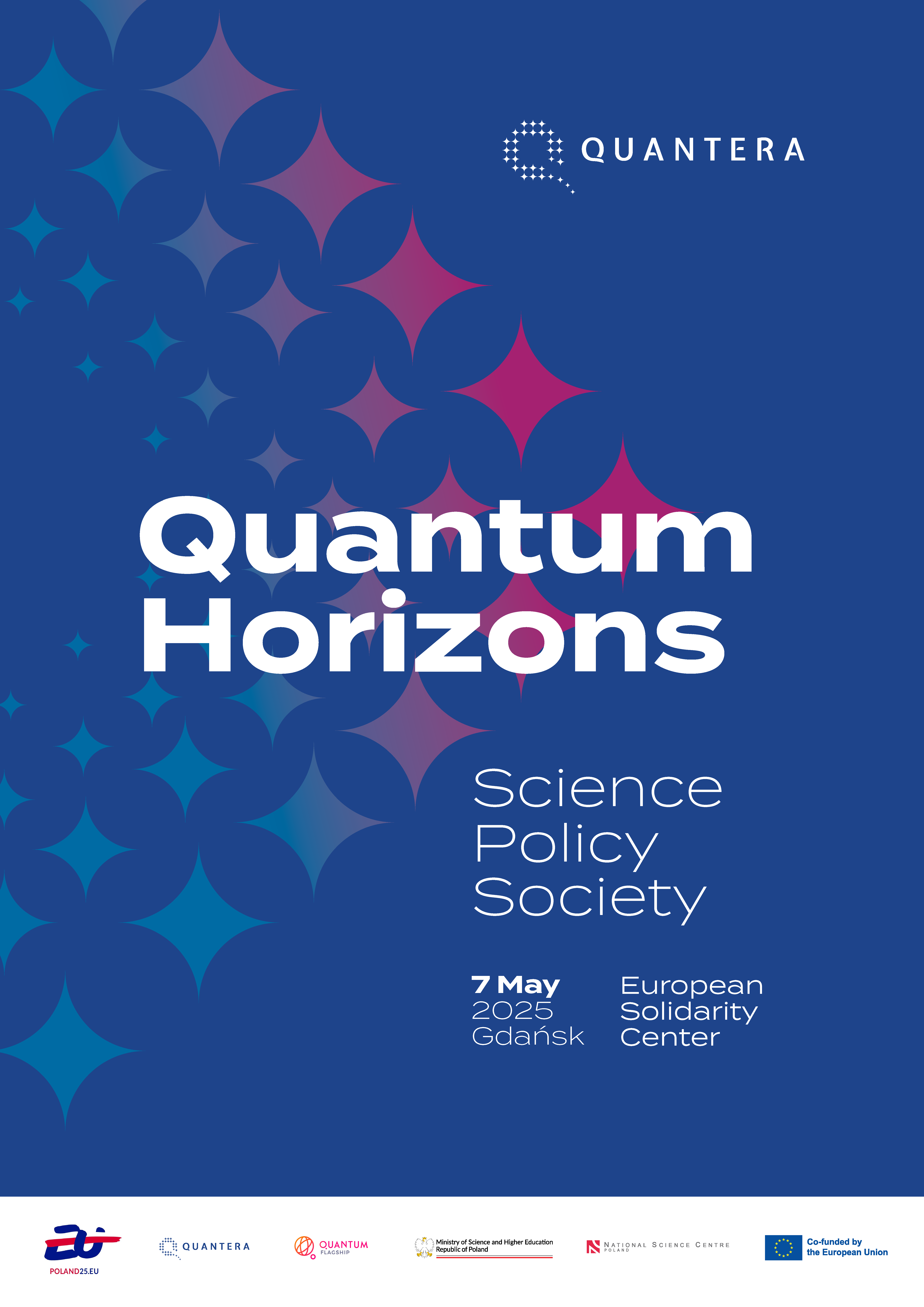 Plakat konferencji - na niebieskim tle napis Quantum Horizons: Science – Policy – Society