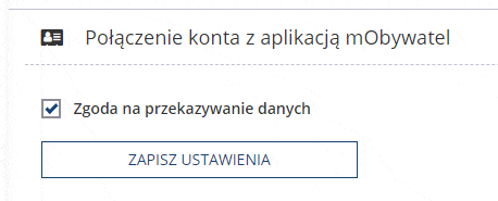 Zrzut ekranu ze strony Bilkom.pl. Na obrazu widoczna jest część panelu użytkownika, dokładniej: nagłówek z napisem "Połączenie konta z aplikacją mObywatel". Pod nagłówkiem widoczny checkbox oraz napis "Zgoda na przekazywanie danych". Niżej znajduje się przycisk "Zapisz ustawienia".
