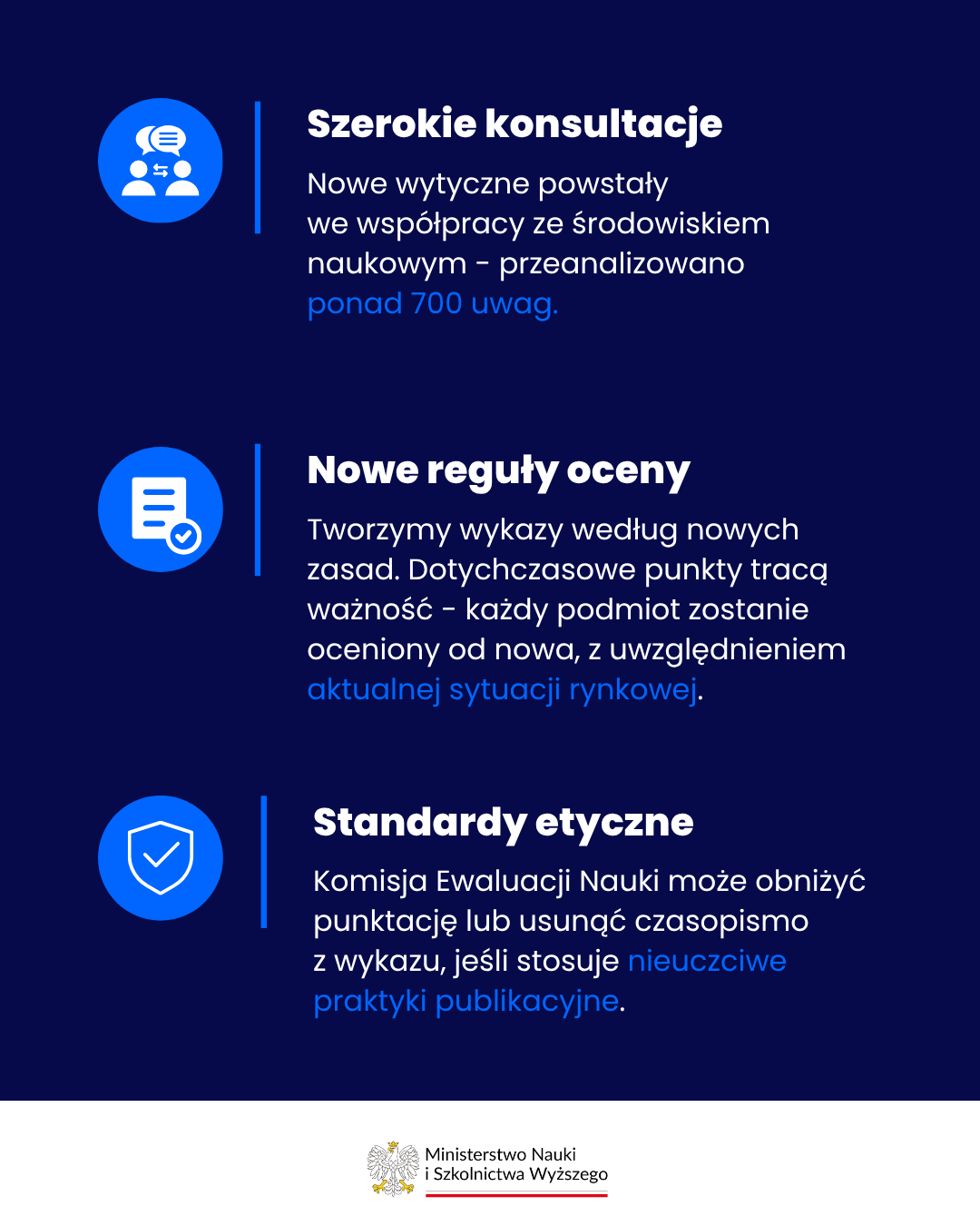 Infografika - napisy Szerokie konsultacje, nowe reguły oceny, standardy etyczne.