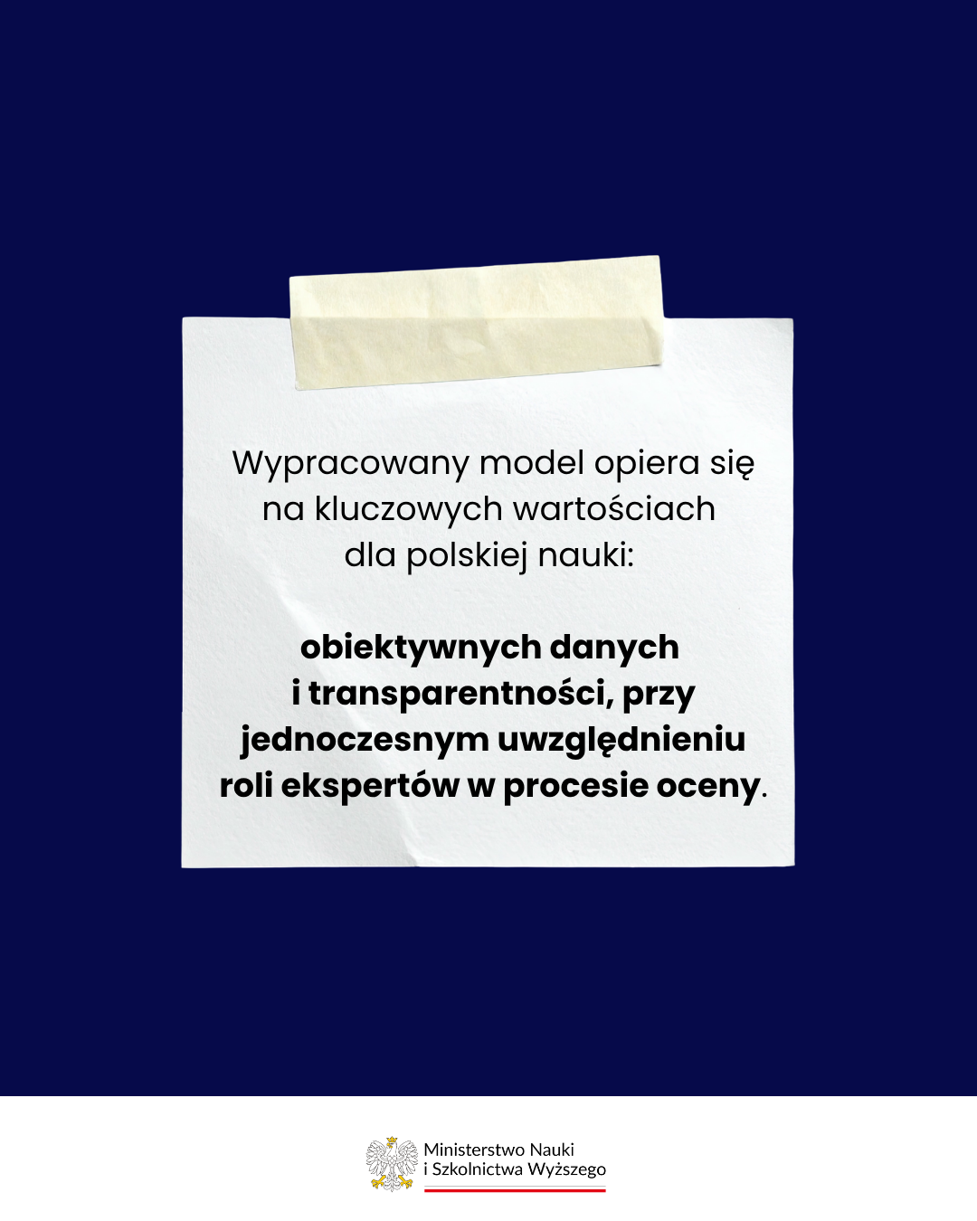 Infografika - napis Wypracowany model opiera się na kluczowych wartościach dla polskiej nauki: obiektywnych danych i transparentności przy jednoczesnym uwzględnieniu roli ekspertów w procesie oceny.