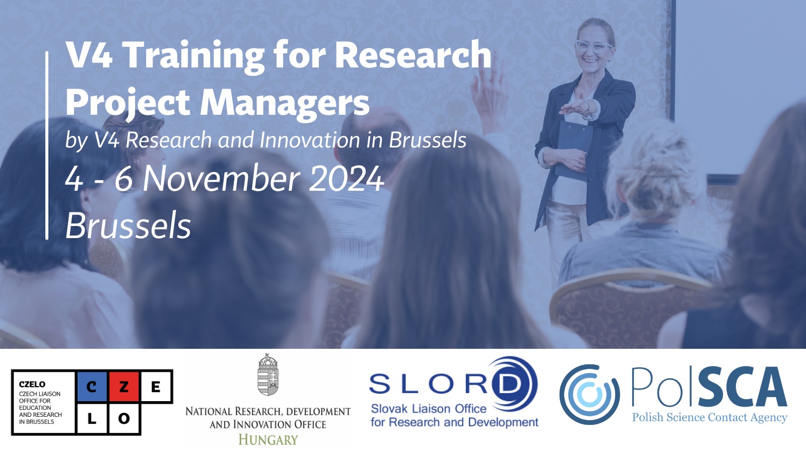 Grafika - na niebieskim tle sylwetki ludzi i napis V4 Training for Research Project Managers.