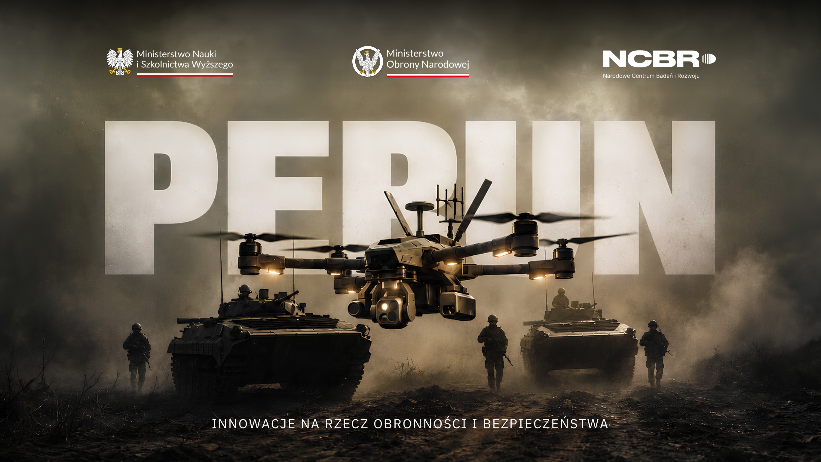 Grafika - na tle napisu PERUN sylwetki dwóch pojazdów i drona.