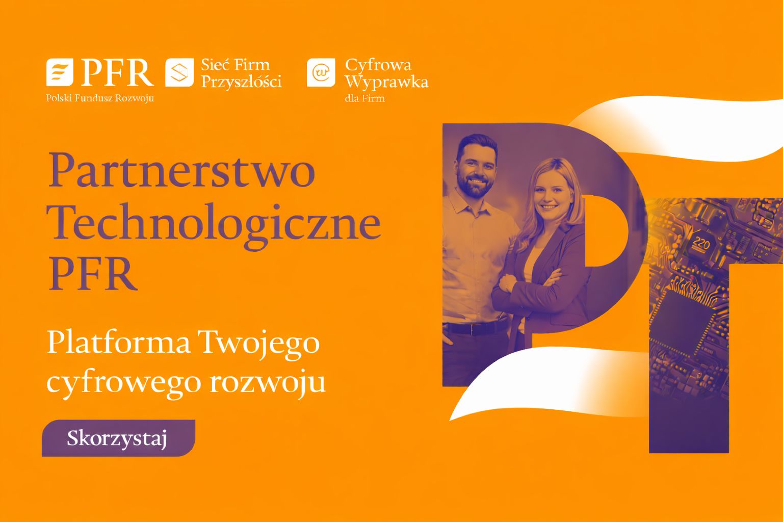 Grafika - na żółtym tle napis Partnerstwo Technologiczne PFR