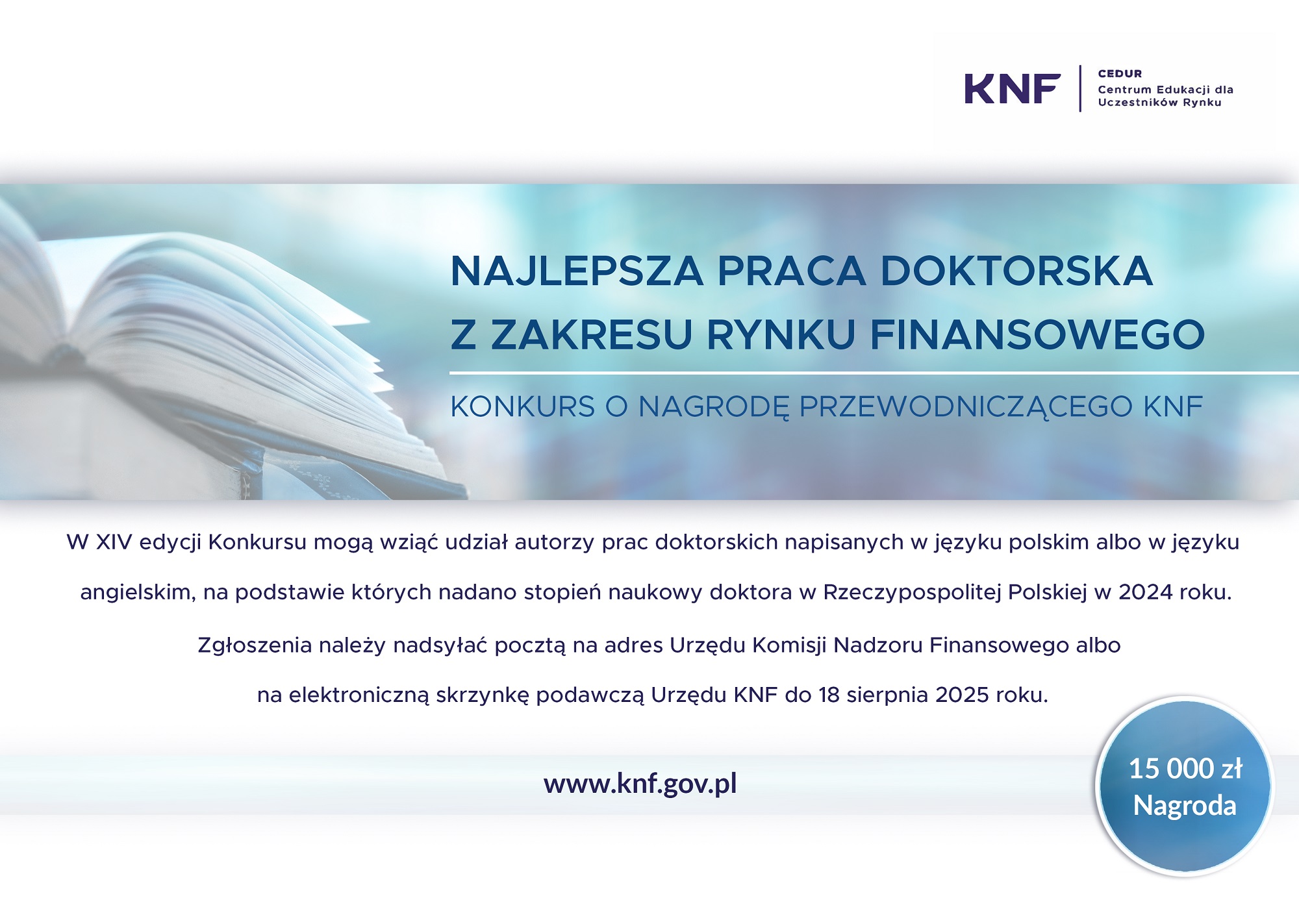 Grafika - na niebieskim tle napis XIV edycja Konkursu o Nagrodę Przewodniczącego Komisji Nadzoru Finansowego