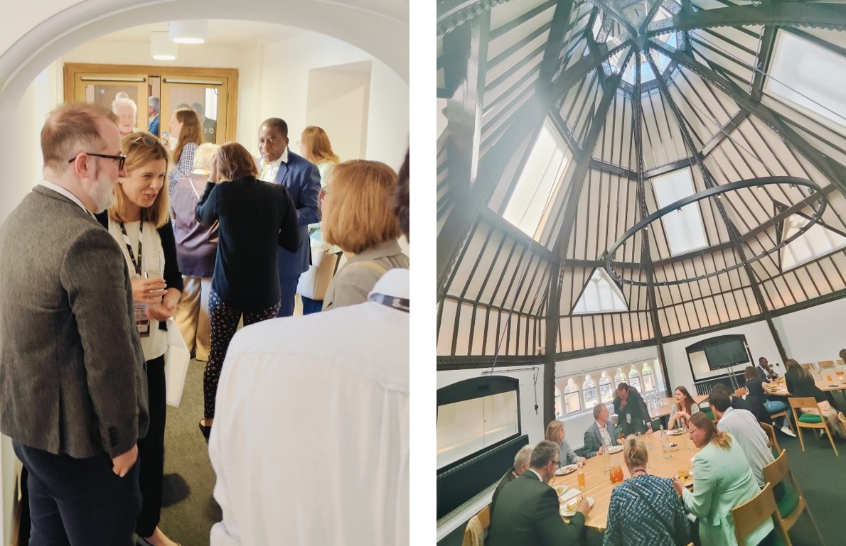 Kolaż dwóch zdjęć przedstawiających ludzi rozmawiających na sali.