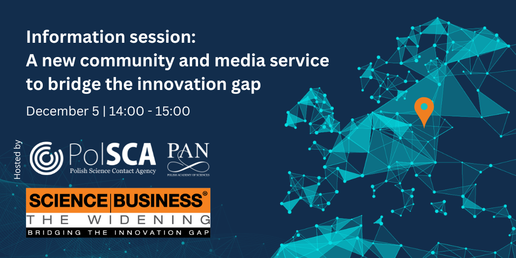 Baner informacyjny, na niebieskim tle napis Information session: a new community and media service to bridge the innovation gap.