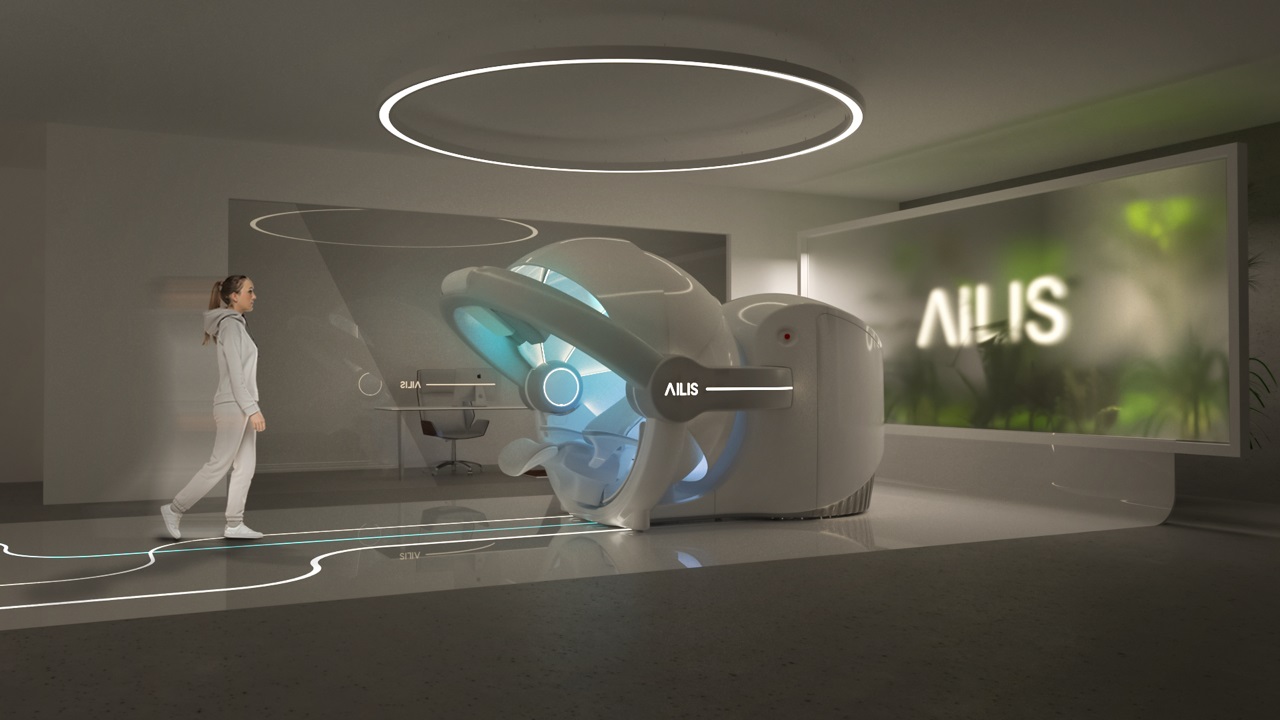 Grafika - młoda kobieta podchodzi do białego urzadzenia, półokrągłej kapsuły z napisem Ailis.