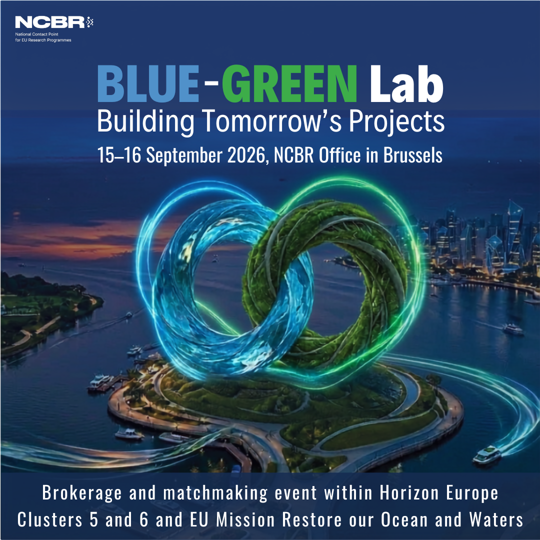Grafika - na niebiesko-zielonym tle panorama miasta i napis Blue-Green Lab.
