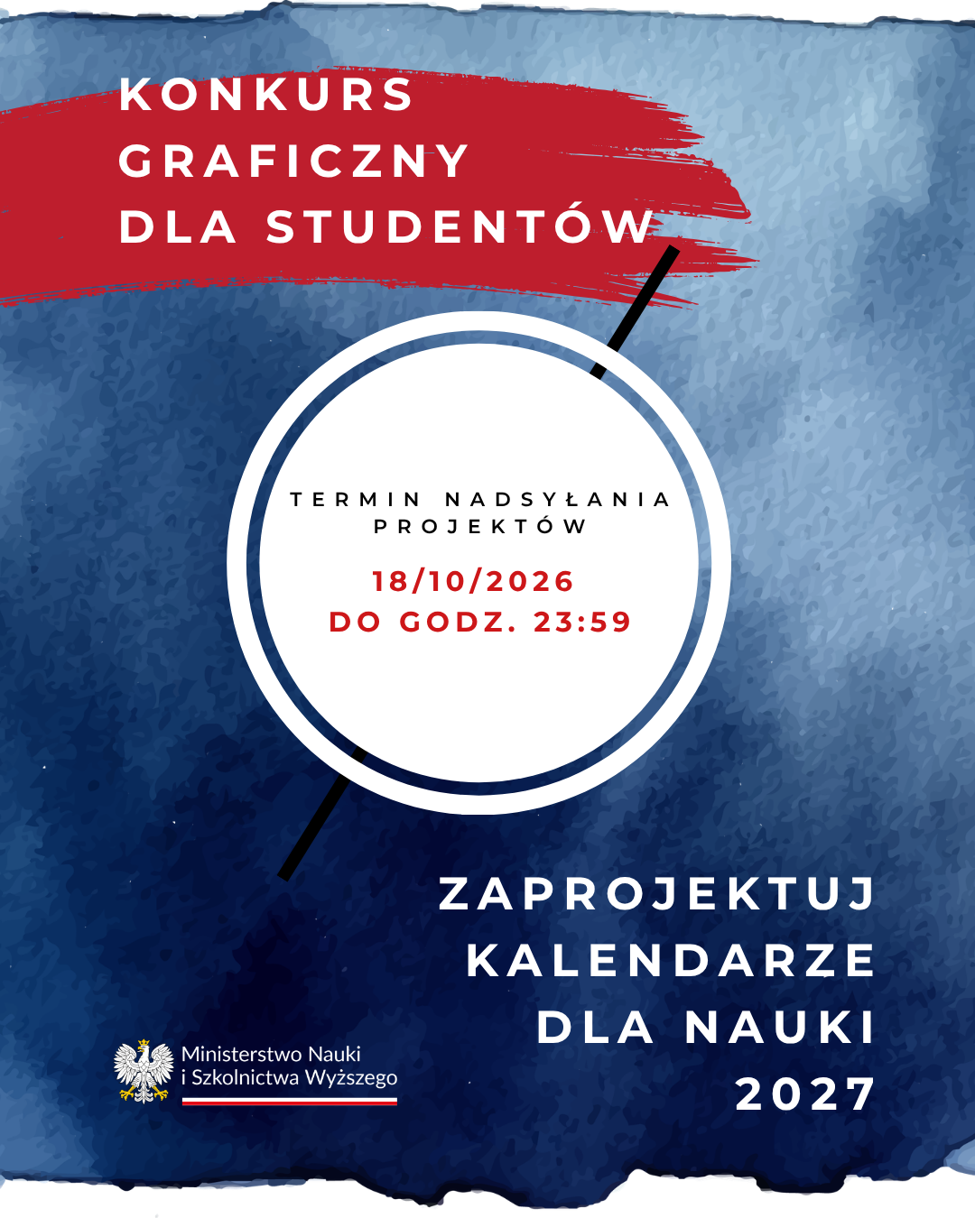 Grafika - na niebieskim tle napis Konkurs graficzny dla studentów -m zaprojektuj kalendarze dla nauki 2027.