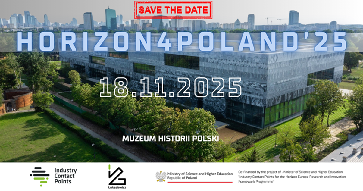 Grafika - zdjęcie dużego budynku i kolorowy napis HORIZON4POLAND’25, 18.11.2025, Warszawa.