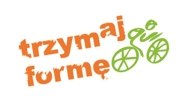 Pomarańczowy napis trzymaj formę i narysowany zielony rower z cyklistą