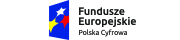 Na granatowym tle częściowo widoczne trzy gwiazdki żółta, biała i czerwona obok napis Fundusze Europejskie Polska Cyfrowa