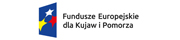 Logotyp niebieskiego prostokąta z biała gwiazdą u góry, czerwoną gwiazdą po prawej stronie oraz żółtą gwiazdą po lewej stronie. Po prawej stronie od prostokąta znajduje się napis: Fundusze Europejskie dla Kujaw i Pomorza