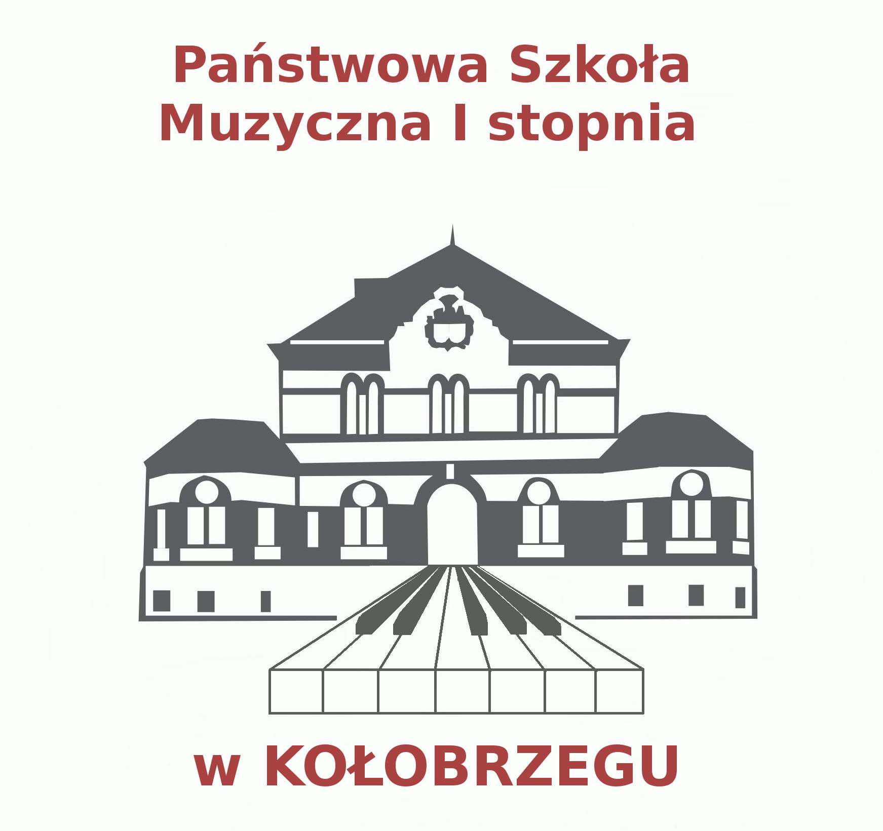 Grafika przedstawiająca centralnie elewację frontową szkoły z klawiaturą w miejscu schodów wejściowych. Nad grafiką napis: "Państwowa Szkoła Muzyczna I stopnia", pod grafiką napis: "w Kołobrzegu"