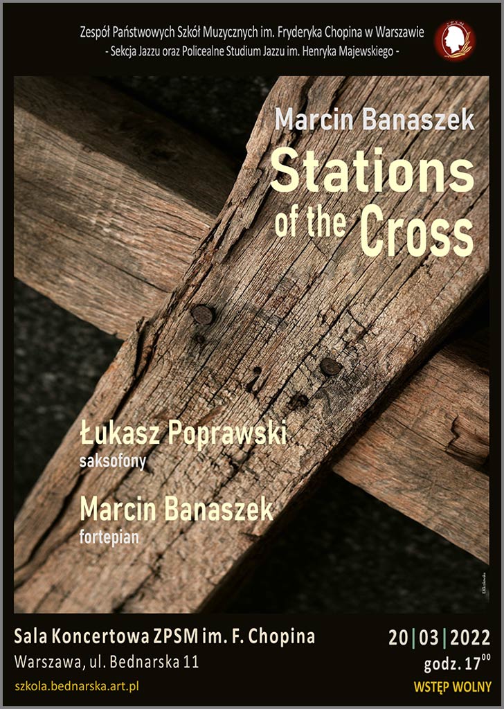 Afisz koncertu 20 marca 2022, różne napisy, w tle belki ze starego drewna 