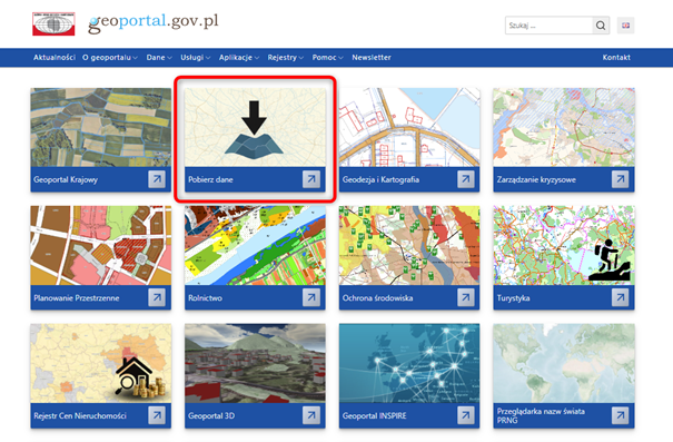 widok strony głównej www.geoportal.gov.pl z dodanym kafelkiem Pobierz dane