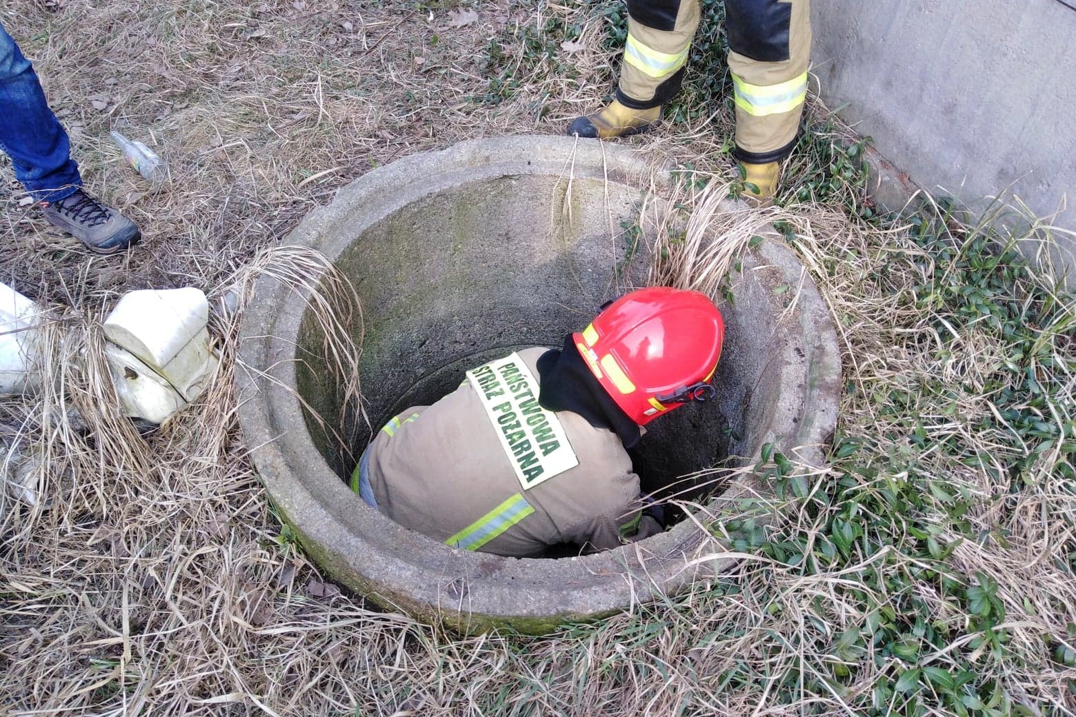 Na zdjęciu strażak ratujący psa, który wpadł do studni.