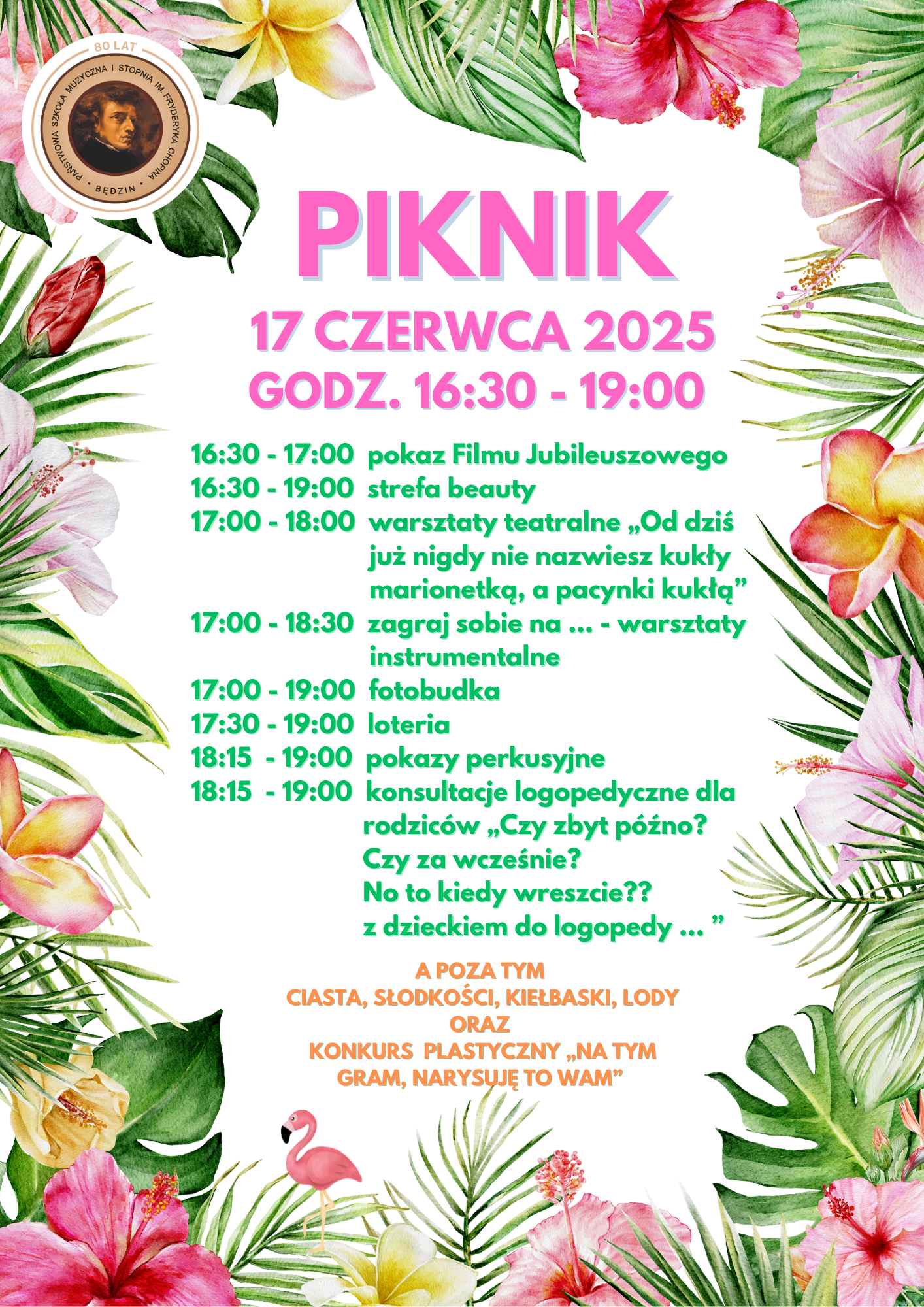 plakat na białym tle, obramówka z kwiatów i liści, na środku opis wydarzenia 1 