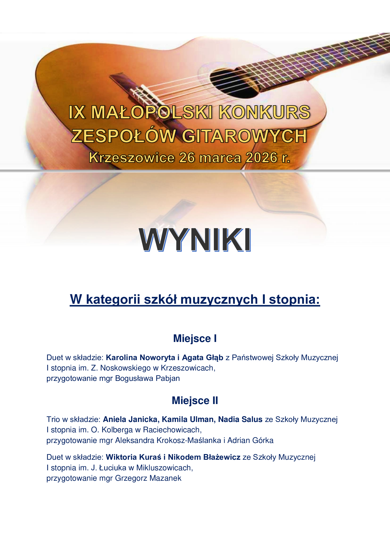 Plakat o przejrzystej, eleganckiej kompozycji, utrzymany w jasnej kolorystyce (biel, jasna szarość) z akcentami złota, granatu i brązu. Górna część plakatu zawiera duże zdjęcie klasycznej gitary akustycznej w odcieniach ciepłego brązu i złota. Gitara ułożona jest ukośnie, jej pudło rezonansowe znajduje się po lewej stronie, a gryf skierowany jest w prawo. Pod zdjęciem widoczny jest efekt odbicia (refleks lustrzany), który przechodzi w jasne, rozmyte tło. Na tle gitary umieszczony jest napis w kolorze złotym z czarnym konturem, dużą czcionką: „IX MAŁOPOLSKI KONKURS ZESPOŁÓW GITAROWYCH” Poniżej, mniejszym tekstem: „Krzeszowice 26 marca 2026 r.” Środkowa część plakatu przechodzi w jasne, białoszare tło. Centralnie, dużym, pogrubionym fontem w kolorze granatowym z lekkim cieniem widnieje napis: „WYNIKI” Poniżej, również w kolorze granatowym i z podkreśleniem: „W kategorii szkół muzycznych I stopnia:” Niżej tekst podzielony jest na sekcje wyników: „Miejsce I” (nagłówek w kolorze granatowym) Pod nim: „Duet w składzie: Karolina Noworyta i Agata Głąb z Państwowej Szkoły Muzycznej I stopnia im. Z. Noskowskiego w Krzeszowicach, przygotowanie mgr Bogusława Pabjan” Kolejna sekcja: „Miejsce II” (nagłówek w kolorze granatowym) Pod nim: „Trio w składzie: Aniela Janicka, Kamila Ulman, Nadia Salus ze Szkoły Muzycznej I stopnia im. O. Kolberga w Raciechowicach, przygotowanie mgr Aleksandra Krokosz-Maślanka i Adrian Górka” Niżej kolejny wpis: „Duet w składzie: Wiktoria Kuraś i Nikodem Błażewicz ze Szkoły Muzycznej I stopnia im. J. Łuciuka w Mikluszowicach, przygotowanie mgr Grzegorz Mazanek” Tekst główny jest w kolorze granatowym, z wyraźnym podziałem na akapity i wyróżnionymi nazwiskami wykonawców (pogrubienie). Całość utrzymana jest w estetyce oficjalnej i konkursowej – minimalistycznej, czytelnej i eleganckiej, z dominacją jasnego tła i kontrastujących, ciemnych napisów.