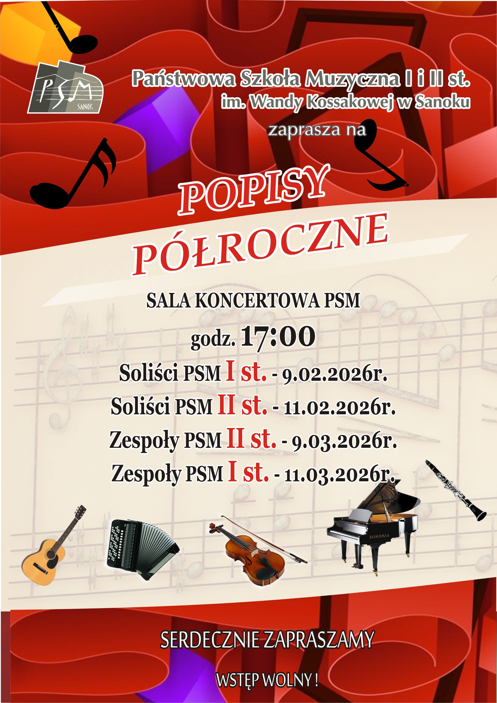 Plakat - koncerty Popisów Półrocznych 2026. czerwono - beżowe tło, instrumenty muzyczne na tle pięciolinii