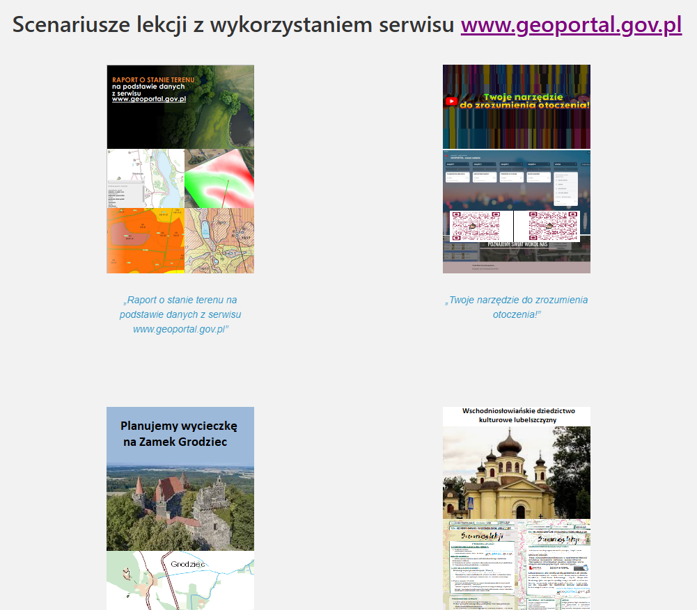 Ilustracja przedstawia zrzut ekranu z www.geoportal.gov.pl z wyświetlonymi scenariuszami lekcji.