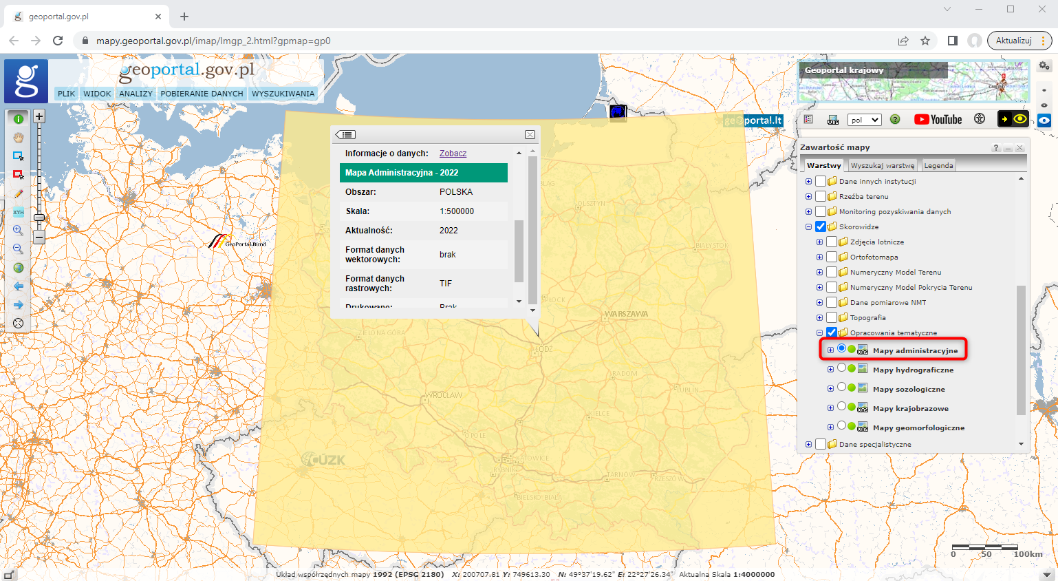Ilustracja przedstawia zrzut ekranu z serwisu www.geoportal.gov.pl ze skorowidzem map administracyjnych