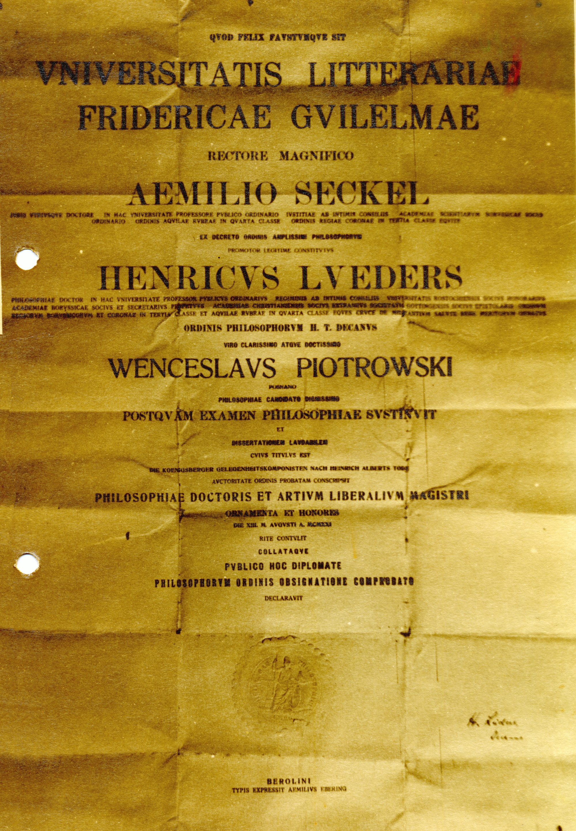 Zdjęcie przedstawia cyfrowe odwzorowanie dyplomu doktorskiego Wacława Piotrowskiego