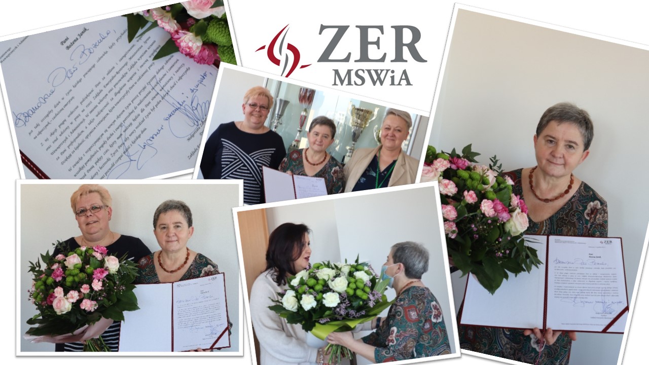 Kolaż zdjęć z uroczystości pożegnania emerytki Bożeny Janik, kierownik śląskiego Zespołu Terenowego w Częstochowie. Pierwsze zdjęcie od góry przedstawia list gratulacyjny podpisany przez Panią Dyrektor Małgorzatę Zdrodowską. Na zdjęciu poniżej Pani Bożena Janik z Panią Katarzyną Wróblewską Zastępcą Naczelnika Wydziału Ustalania Świadczeń ZER MSWiA. Na zdjęciu pośrodku znajduje się Pani Bożena Janik w obecności Pani Katarzyny Wróblewskiej oraz Pani Moniki Miecznikowskiej - Naczelnik Wydziału Obsługi Klienta. Kolejne zdjęcie przedstawia Panią Bożenę Janik wręczającą bukiet kwiatów Pani Dyrektor Małgorzacie Zdrodowskiej. Na ostatnim zdjęciu wzruszona Pani Bożena Janik z dumą prezentuje list gratulacyjny.