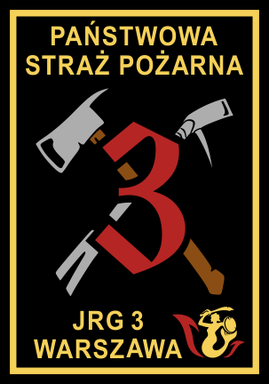 Logo w kształcie czarnej tarczy ze złotym konturem. W górnych narożnikach znajduje się flaga Polski oraz złota sylwetka Syrenki Warszawskiej. Centralną część loga tworzy popiersie strażaka w hełmie wraz z maską, w której wizjerze odbijają się czerwone płomienie. W tle Kolumna Zygmunta koloru białego. Wokół jest napis Jednostka Ratowniczo-Gaśnicza Warszawa.