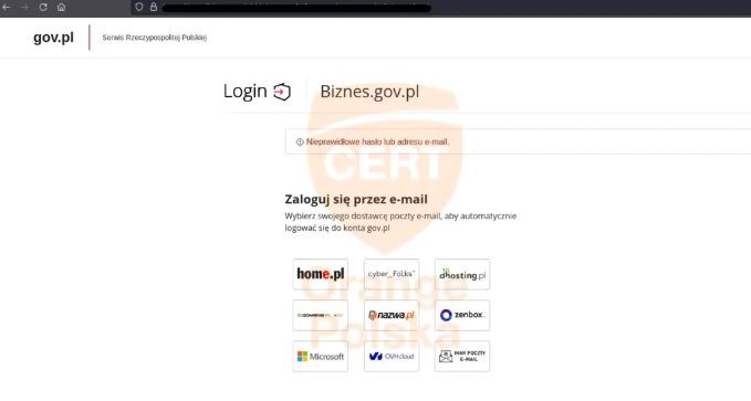 Fałszywy serwis logowania „gov.pl”. Źródło zdjęcia: @ CERT Orange