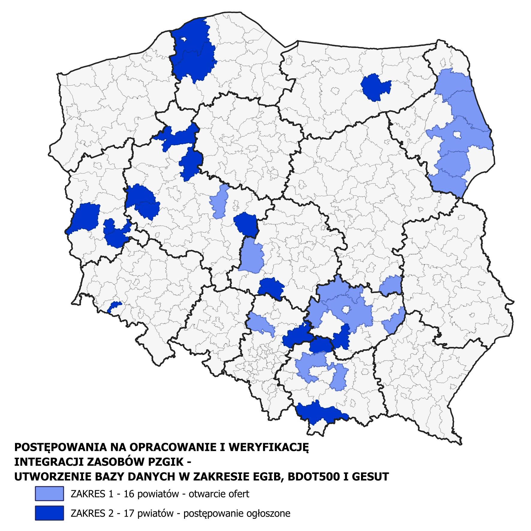 Rysunek przedstawia stan realizacji zamówień na opracowanie i weryfikację zasobów pzgik - utworzenie bazy danych zakresie EGIB, BDOT500 i GESUT