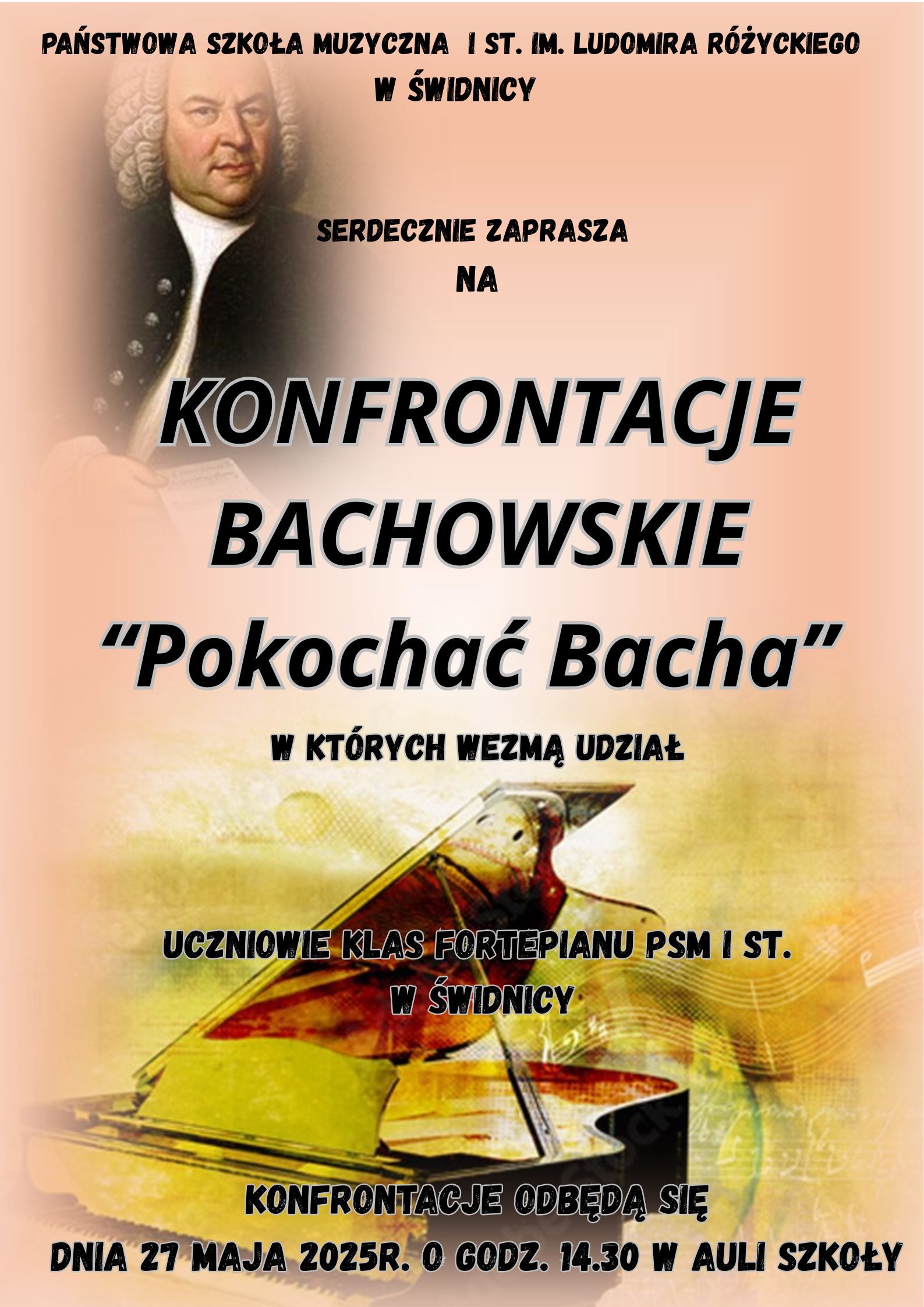 Plakat przedstawia w lewym górnym rogu zdjęcie J. S. Bacha . Na srodku rysunek starodawnego fortepianu wszystko na beżowym cieniowanym tle . Na tym tle czarne napisy informujące o konfrontacjach bachowskich.