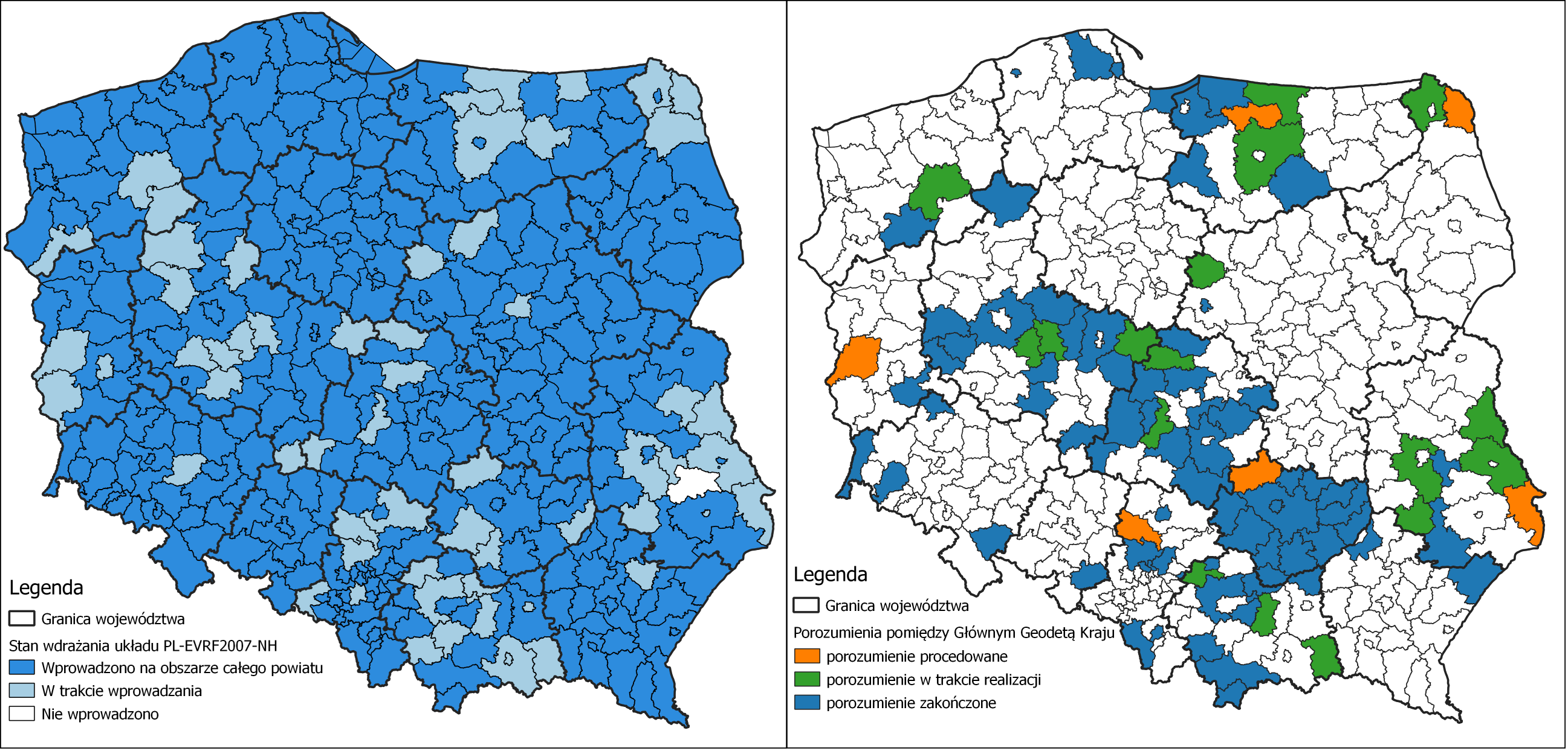 Ilustracja przedstawia zestawione obok siebie dwie mapy Polski z oznaczonym kolorystycznie stanem wdrożenia układu PL-EVRF2007-NH