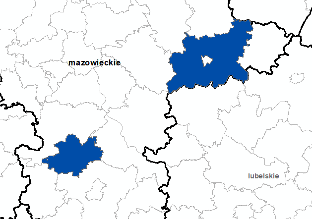 Ilustracja przedstawia obszary powiatów objętych aktualizacją zbiorów danych BDOT10k.