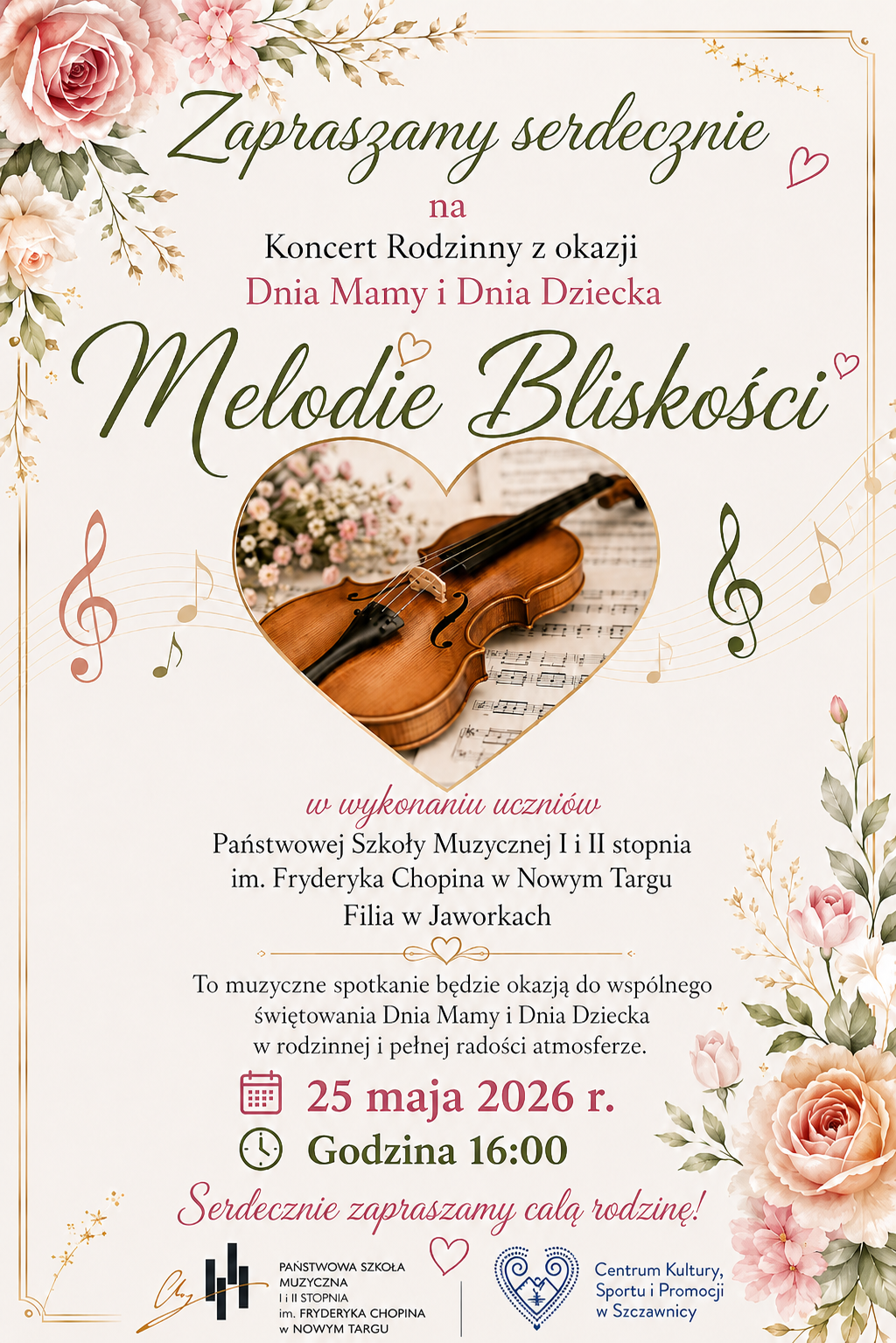 Plakat ma niezwykle ciepłą, elegancką i wiosenną estetykę. Utrzymany jest w jasnej, kremowej kolorystyce, którą zdobią piękne, pastelowe róże oraz subtelne motywy serc i nut gwiezdnych. W samym centrum umieszczono grafikę w kształcie serca, przedstawiającą klasyczne skrzypce leżące na nutach w otoczeniu drobnych kwiatów.