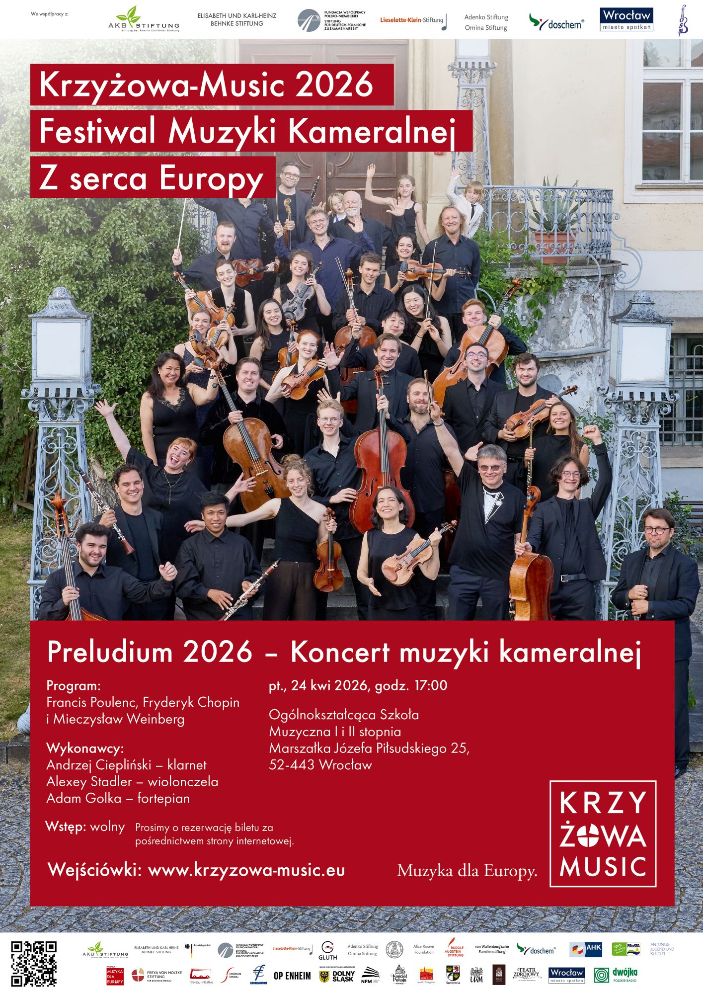 plakat zapowiadający Koncert muzyki kameralnej fundacji Krzyżowa- Music. Przedstawia zespół muzyków z instrumentami