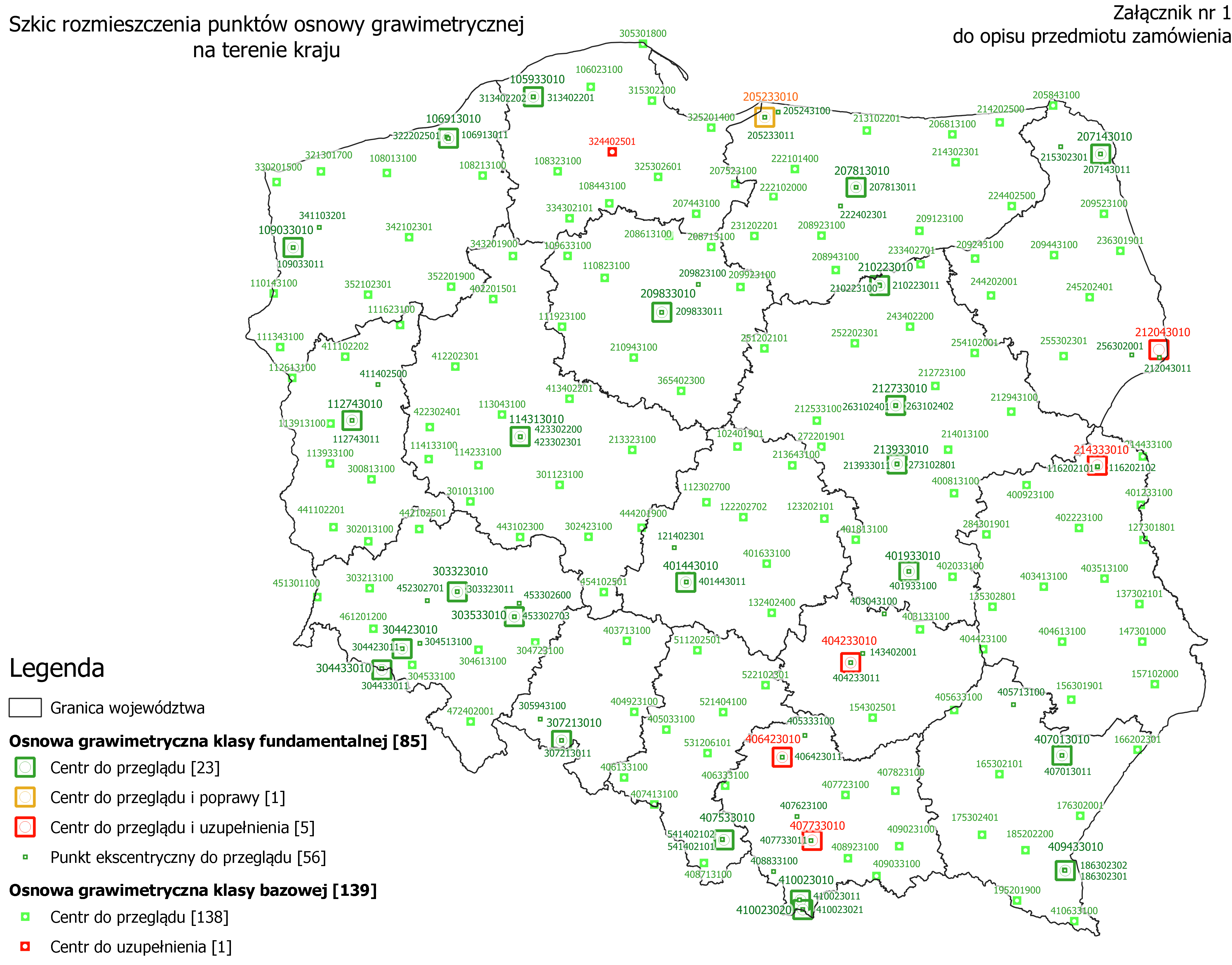 Ilustracja przedstawia mapę Polski z rozmieszczeniem punktów osnowy grawimetrycznej przewidzianych do opracowania w ramach ogłoszonego postępowania przetargowego.
