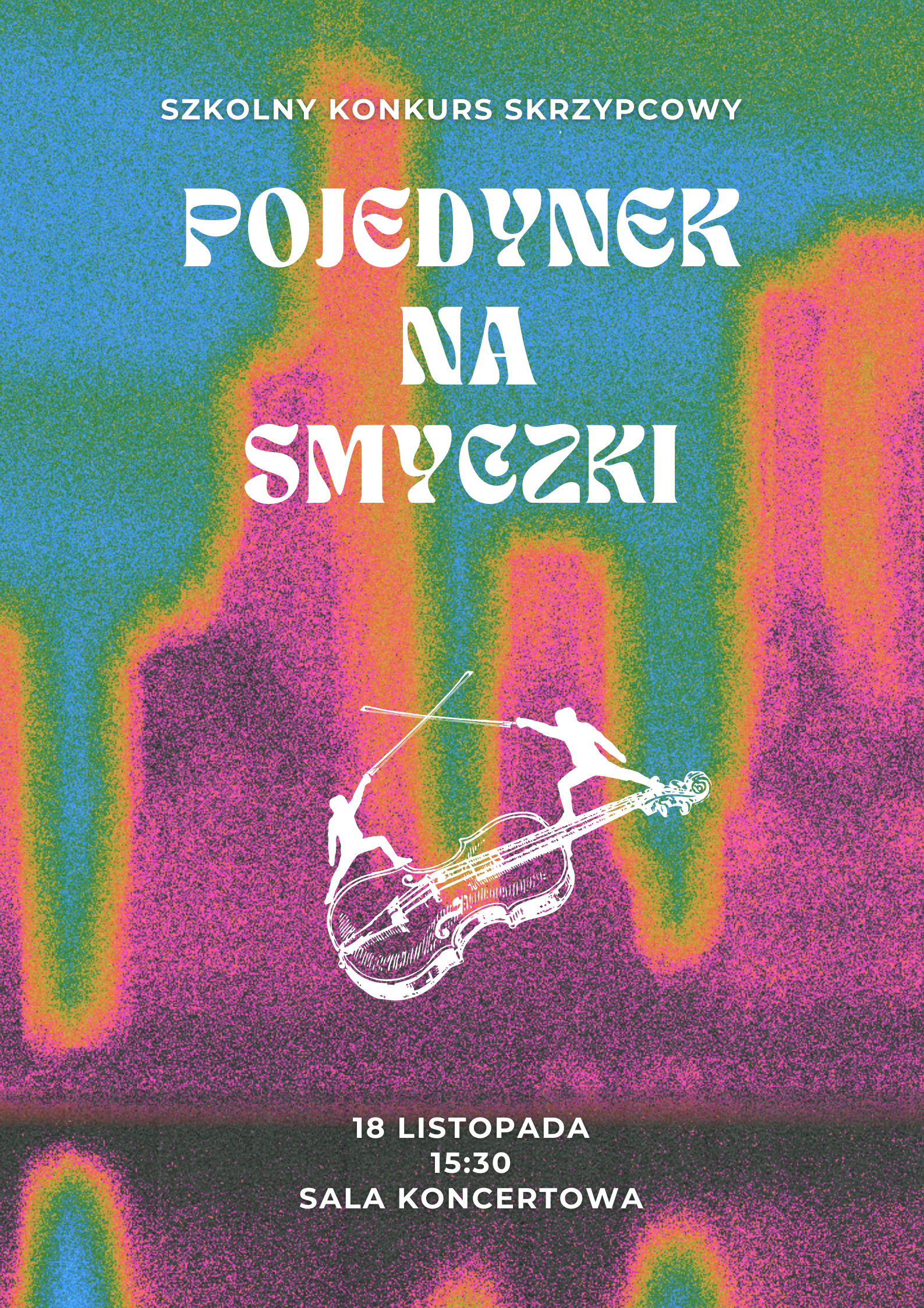 Na kolorowym tle widnieje tytuł wydarzenia zapisany dużą, białą czcionką. Na środku znajduje się logo konkursu. Na dole jest umieszczona data i miejsce wydarzenia. 