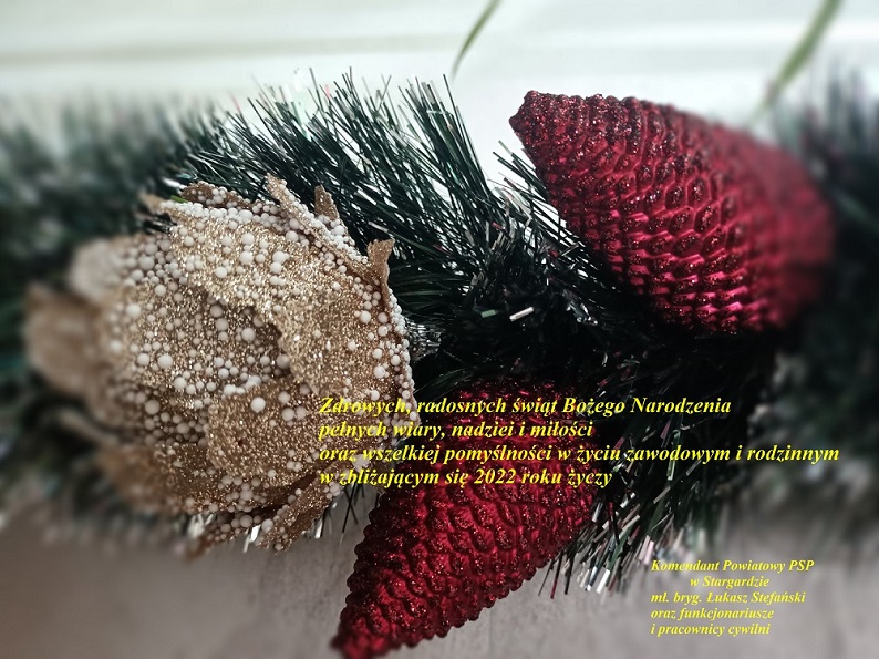 Zdrowych, radosnych świąt Bożego Narodzenia pełnych wiary, nadziei i miłości oraz wszelkiej pomyślności w życiu zawodowym i rodzinnym w zbliżającym się 2022 roku życzy Komendant Powiatowy PSP w Stargardzie mł. bryg. Łukasz Stefański oraz funkcjonariusze i pracownicy cywilni