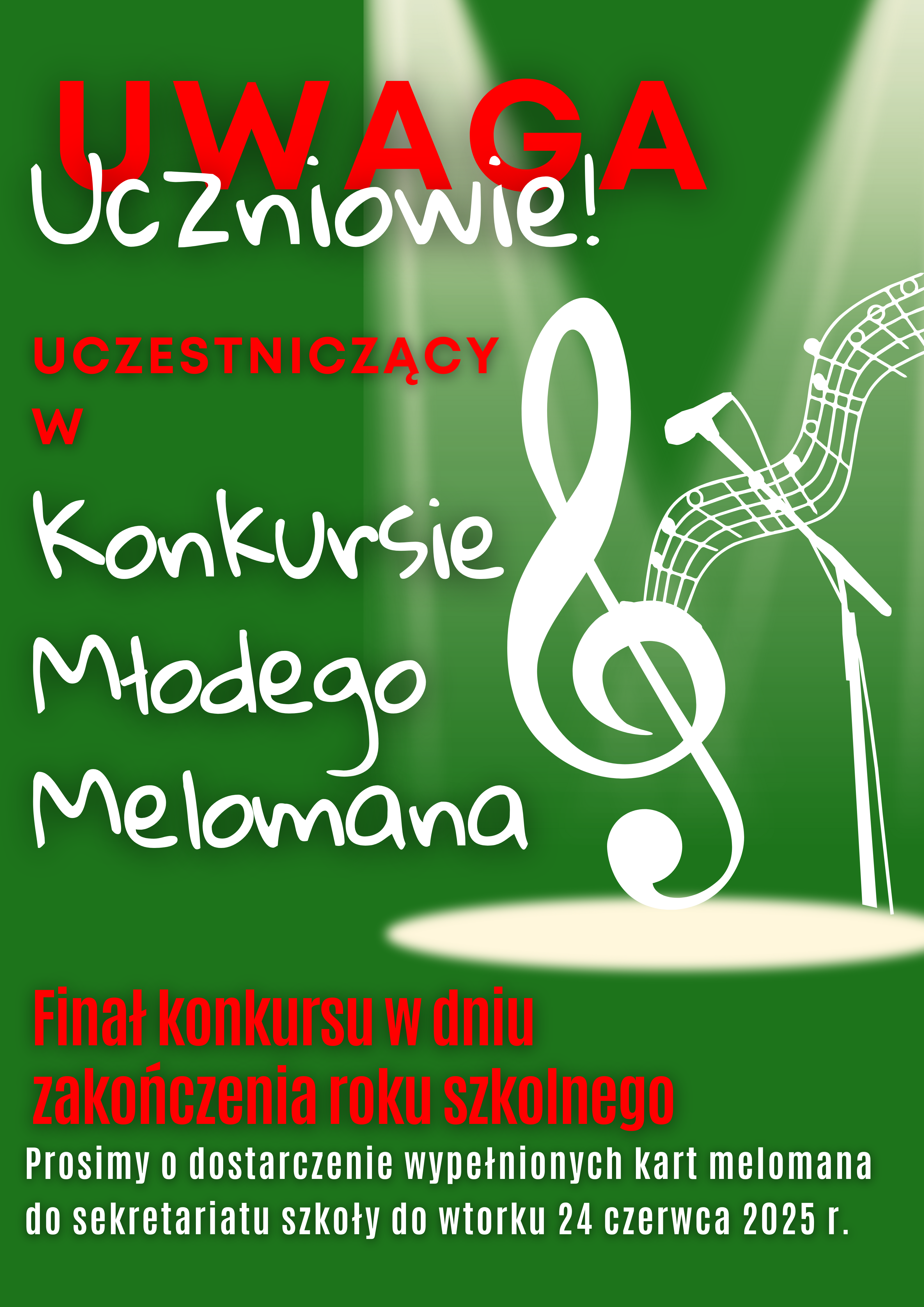Plakat na zielonym tle z informacją tekstową dotyczącą rozstrzygnięcia konkursu młodego melomana