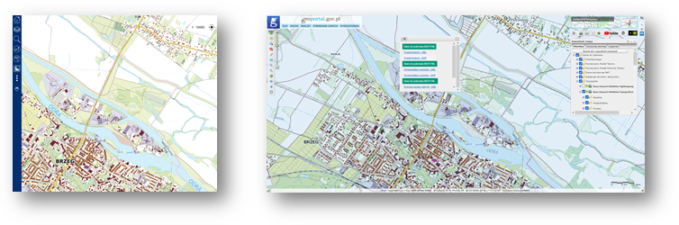 Ilustracja przedstawia zaktualizowany zbiór danych BDOT10k dla powiatu brzeskiego w Portalu BDOT10k oraz w usłudze Baza Danych Obiektów Topograficznych.