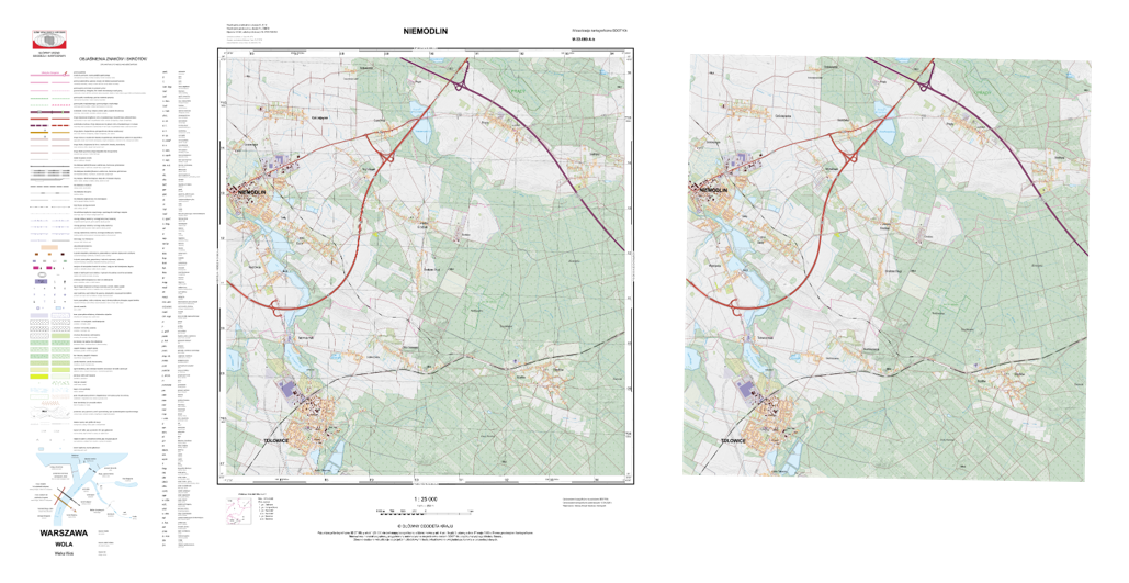 Ilustracja przedstawia przykładowy arkusz wizualizacji BDOT10k w skali 1:25 000 w formacie PDF i GeoTIFF