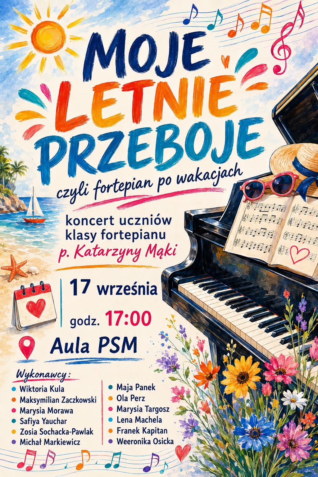 Plakat koncertu uczniów klasy fortepianu „Moje letnie przeboje”, który odbędzie się 17 września o godz. 17:00 w Auli PSM. Na kolorowej ilustracji widoczny jest fortepian, nuty, kwiaty i wakacyjny krajobraz nad morzem.