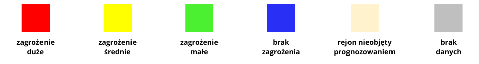 Zagrożenie pożarowe w lasach - skala. Kolor czerwony oznacza zagrożenie duże, żółty - zagrożenie średnie, zielony - zagrożenie małe, niebieski - brak zagrożenia, beżowy - rejon nieobjęty prognozowaniem, szary - brak danych.