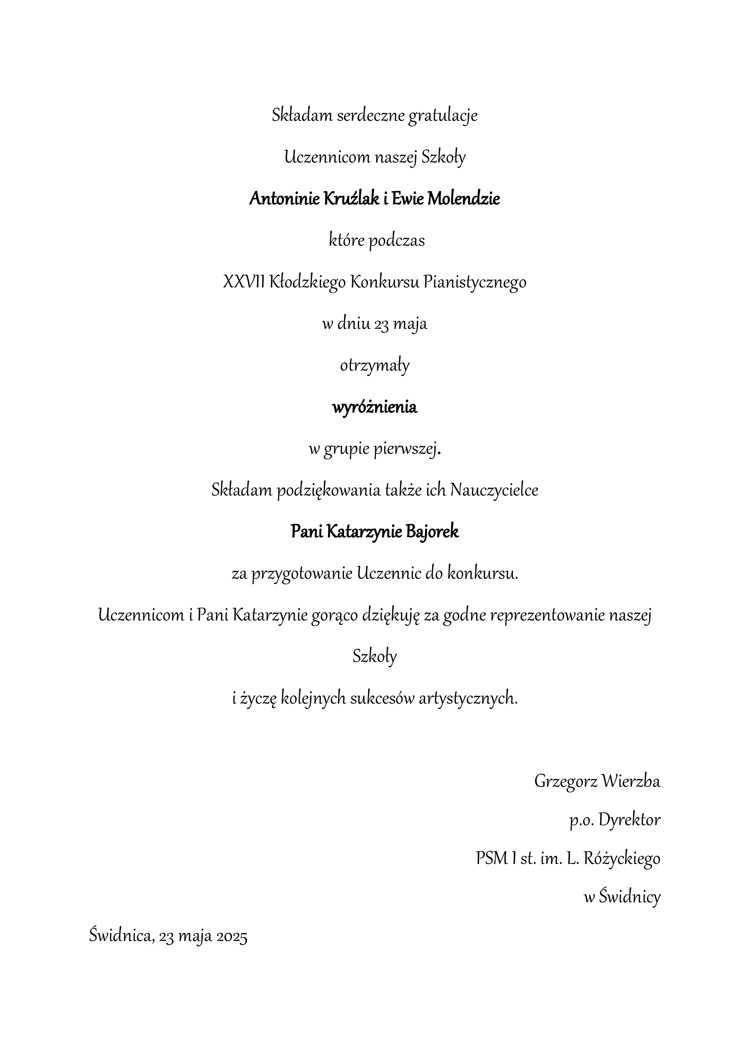 Podziękowania pisane czarną ozdobną czcionką na białym tle.