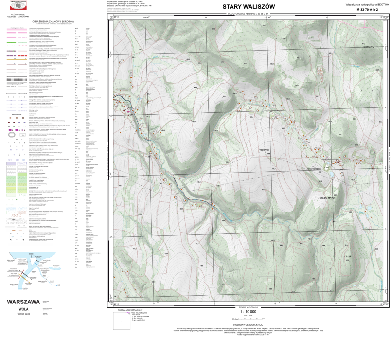Ilustracja przedstawia zrzut ekranu z przykładową wizualizacją kartograficzną BDOT10k w skali 1:10 000 dla Stary Waliszów.