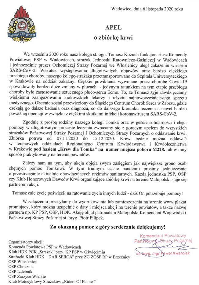 Apel o zbiórkę krwi dla funkcjonariusza KP PSP w Wadowicach