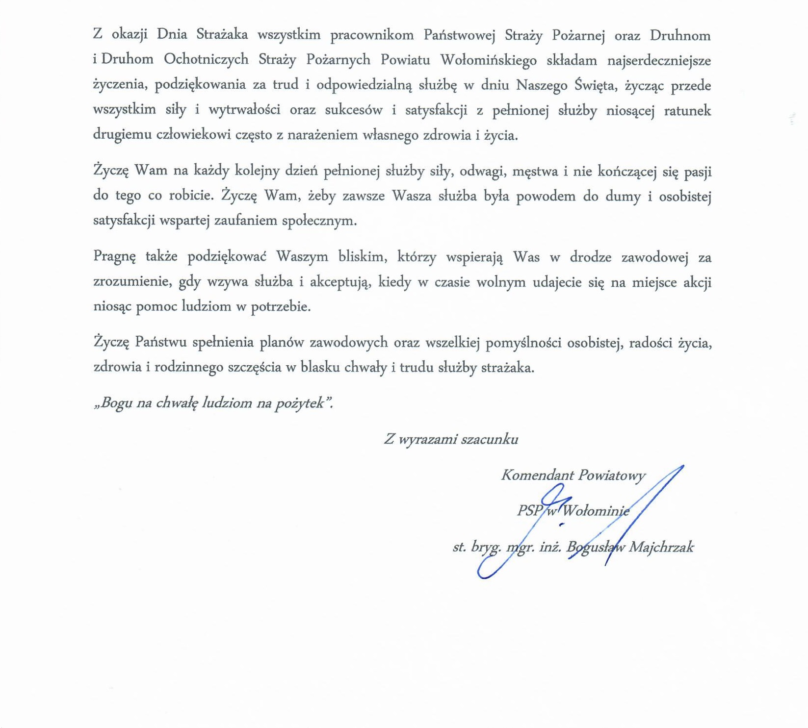 List Komendanta Powiatowego PSP w Wołominie z okazji Dnia Strażaka
