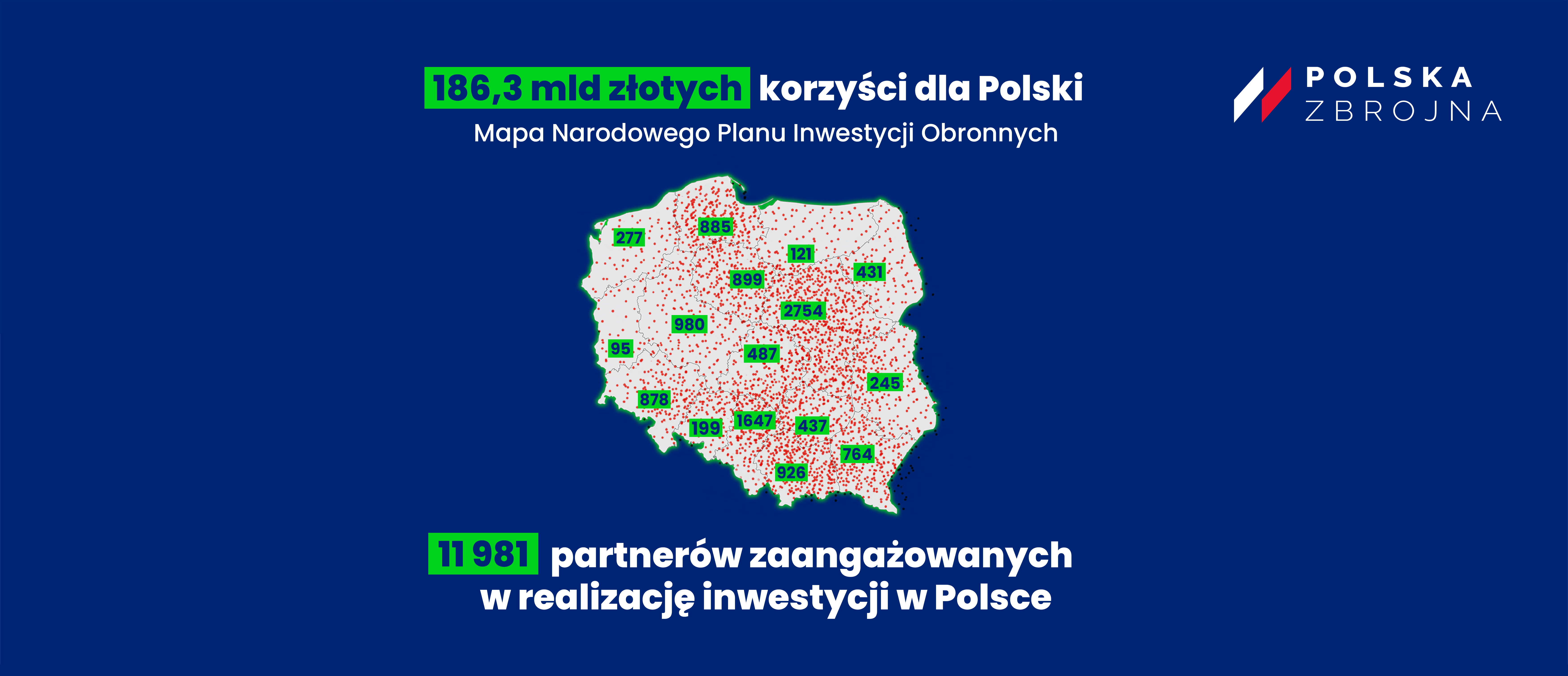 Grafika przedstawia kontur Polski z zaznaczonymi miejscami, gdzie znajdują się zakłady produkcyjne, które będą beneficjentami programu Polska Zbrojna. Nad mapą widnieje napis 